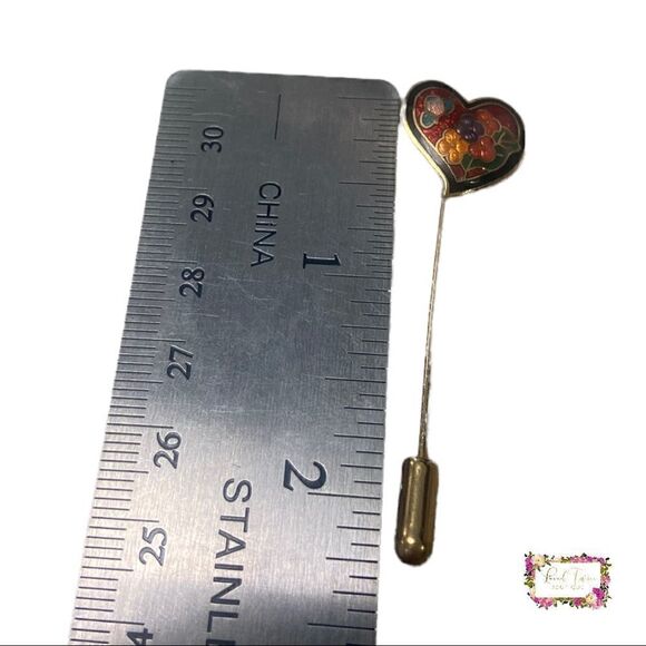 Vintage Heart Shaped Cloisonné Floral & Butterfly Stick Pin - Picture 13 of 14